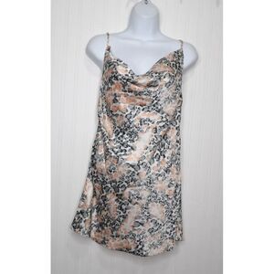 Here Comes The Sun Satin Slip Dress Mini Pink Leopard‎ Drape Neck Shinny Size XS